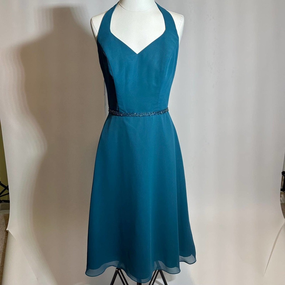 NWT Alfred Angelo Womens Teal Halter Beaded Midi Dress Size 8 Bridesmaid Formal